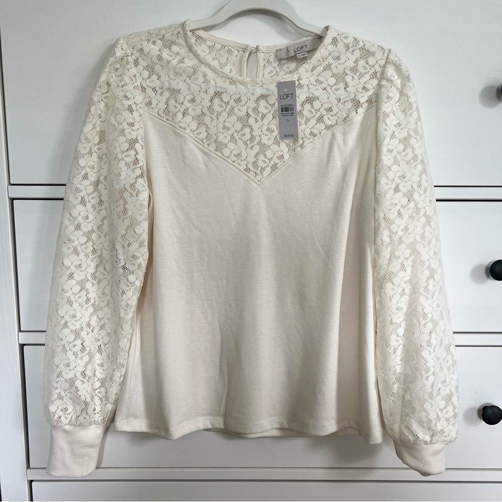 LOFT Cream Lace Yoke Long-Sleeve Top